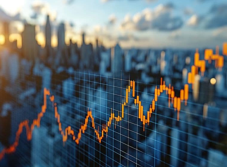 Eine leuchtend orangefarbene Finanzkurve mit Aufwärtstrend überlagert eine verschwommene Stadtlandschaft bei Sonnenuntergang und suggeriert Wirtschaftswachstum.
