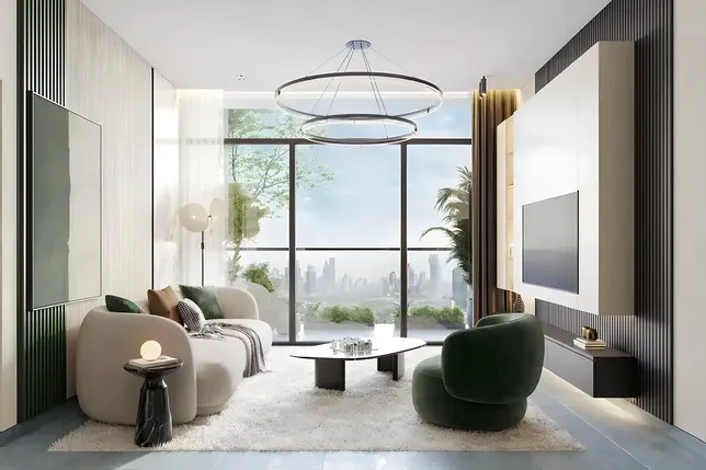 Modern living room with large window, stylish circular chandelier, plush sofas, and a cityscape view. Neutral tones and sleek design elements.