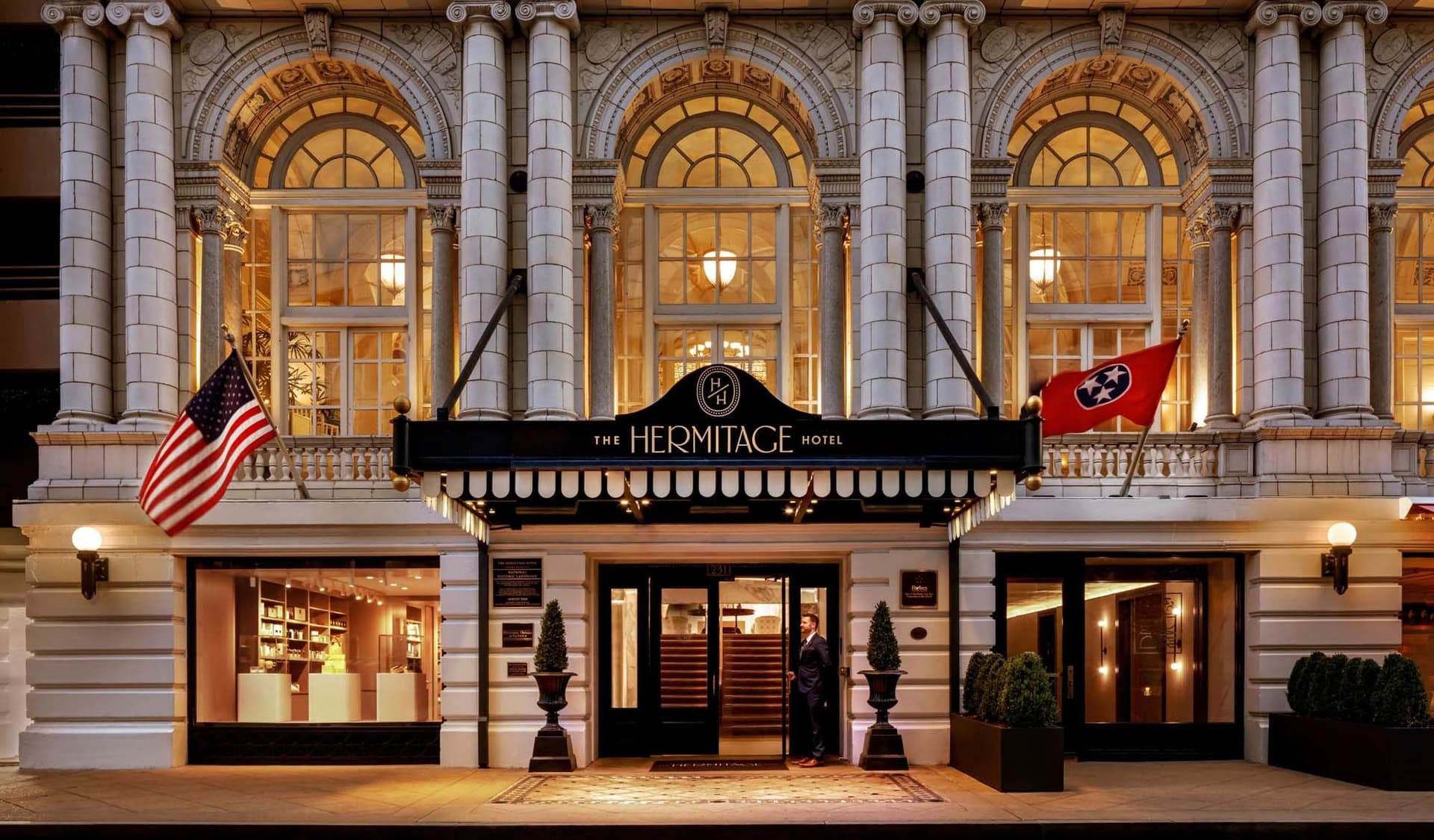 The entrance of The Hermitage Hotel in Nashville.