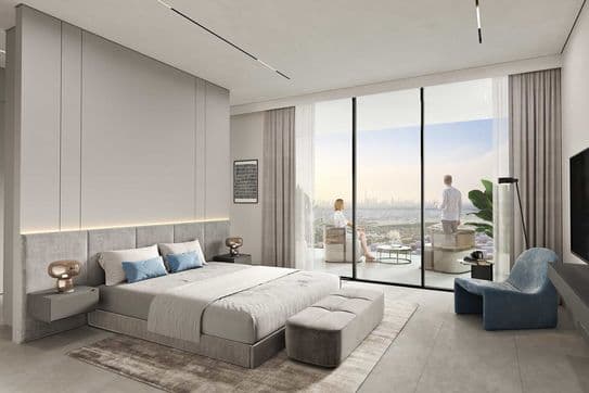 serenova bedroom with balcony overlooking Dubai skyline
