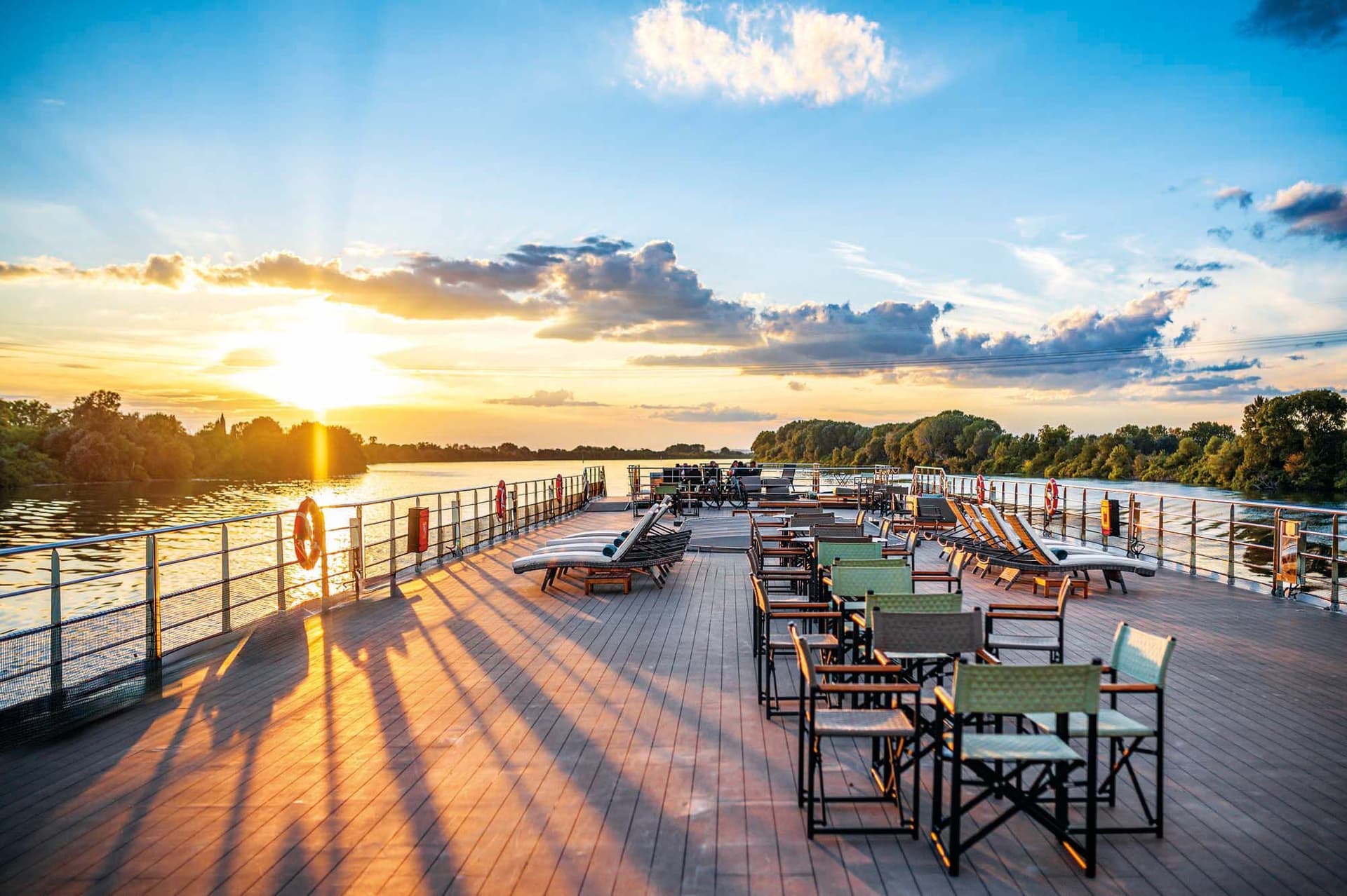 Sunrise and sunset are best enjoyed from a comfortable spot on the flat deck of the ship.