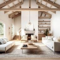 Spacious modern living room featuring exposed wooden beam ceiling, white walls, and natural light from large windows. The room includes two white sofas, wooden coffee table, accent chairs, a fireplace, built-in shelving, and abstract wall art. The neutral color palette and natural materials create a warm, airy atmosphere.