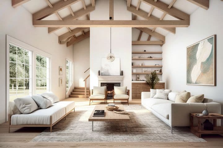 Spacious modern living room featuring exposed wooden beam ceiling, white walls, and natural light from large windows. The room includes two white sofas, wooden coffee table, accent chairs, a fireplace, built-in shelving, and abstract wall art. The neutral color palette and natural materials create a warm, airy atmosphere.