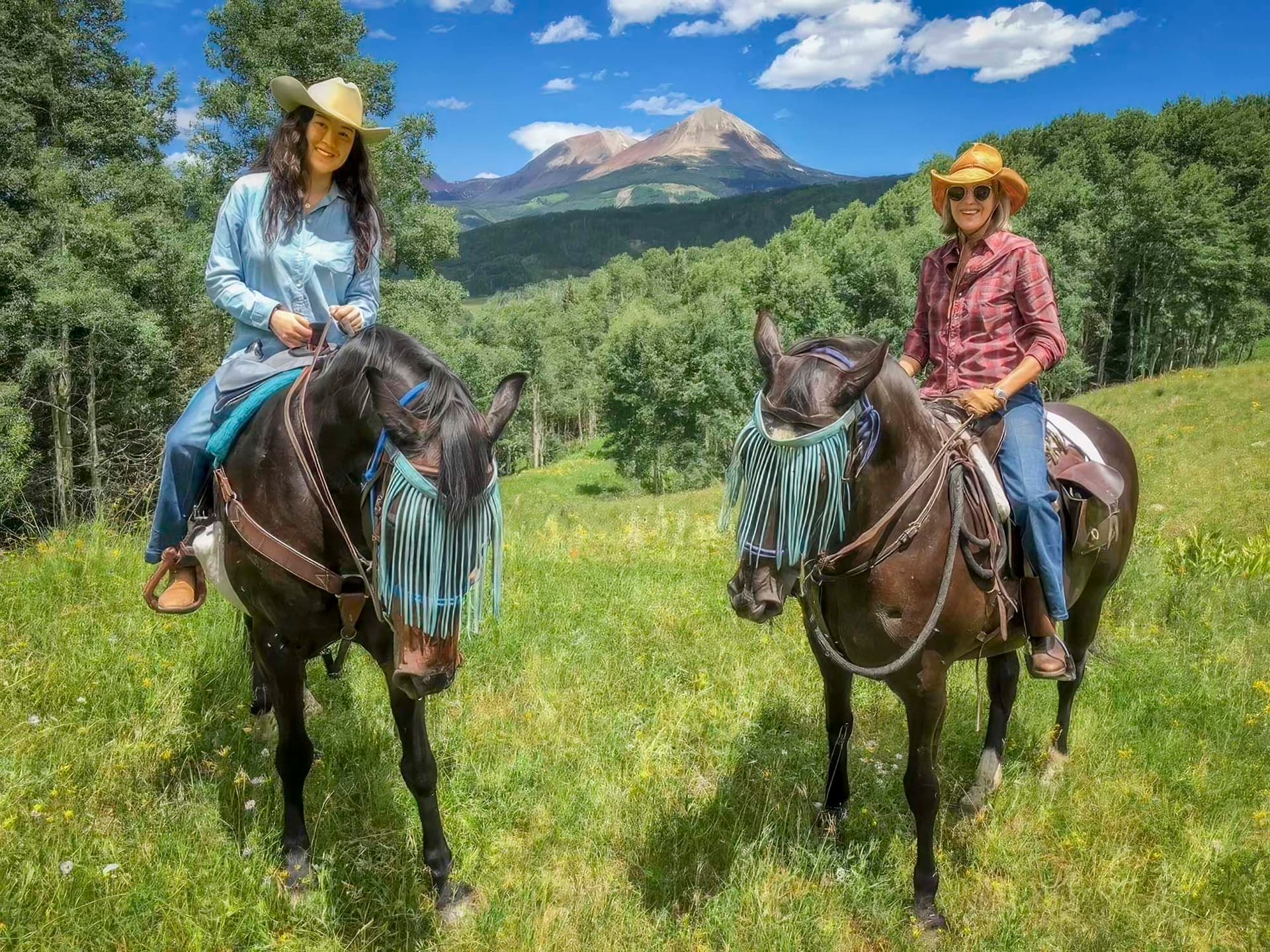 Two people in cowboy hats ride horses with fly masks in a grassy field, with mountains and trees in the background under a blue sky.