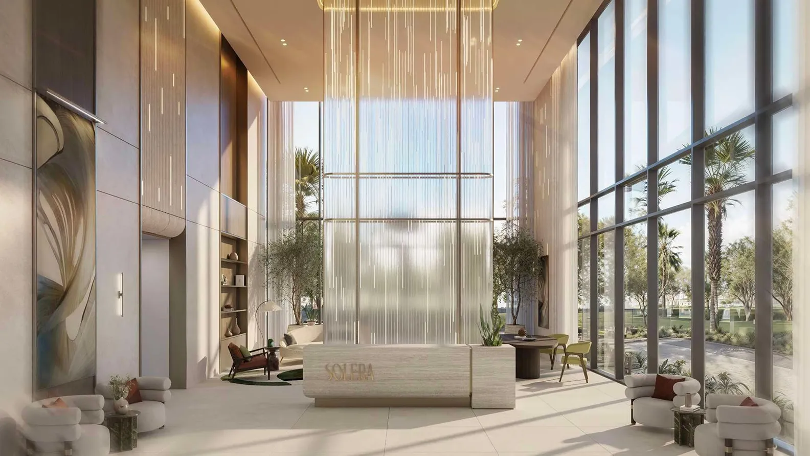 Luxurious modern hotel lobby with floor-to-ceiling glass walls, vertical light fixtures, a reception desk, and plush seating; palm trees outside. KI-generiertes Bild