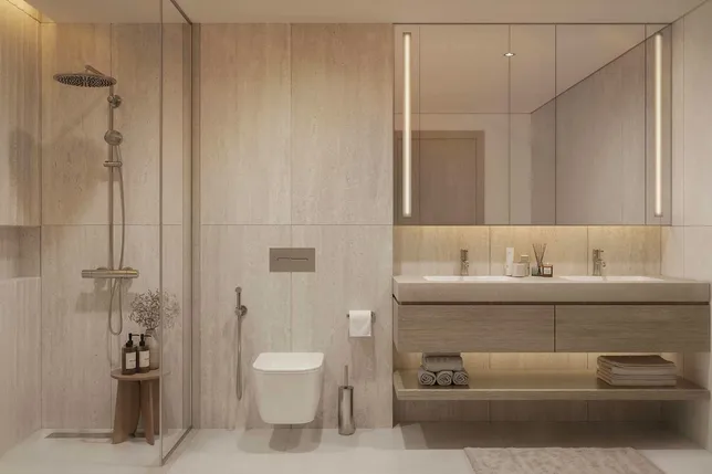 Modern beige bathroom with glass shower, wall-mounted toilet, and floating wooden vanity with double sinks and mirrored cabinets. KI-generiertes Bild