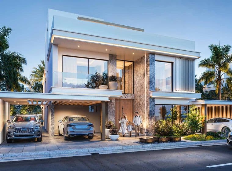 Modern villa at dusk with large windows, a driveway featuring two cars, and a family of three walking towards the entrance. Palms surround the house.