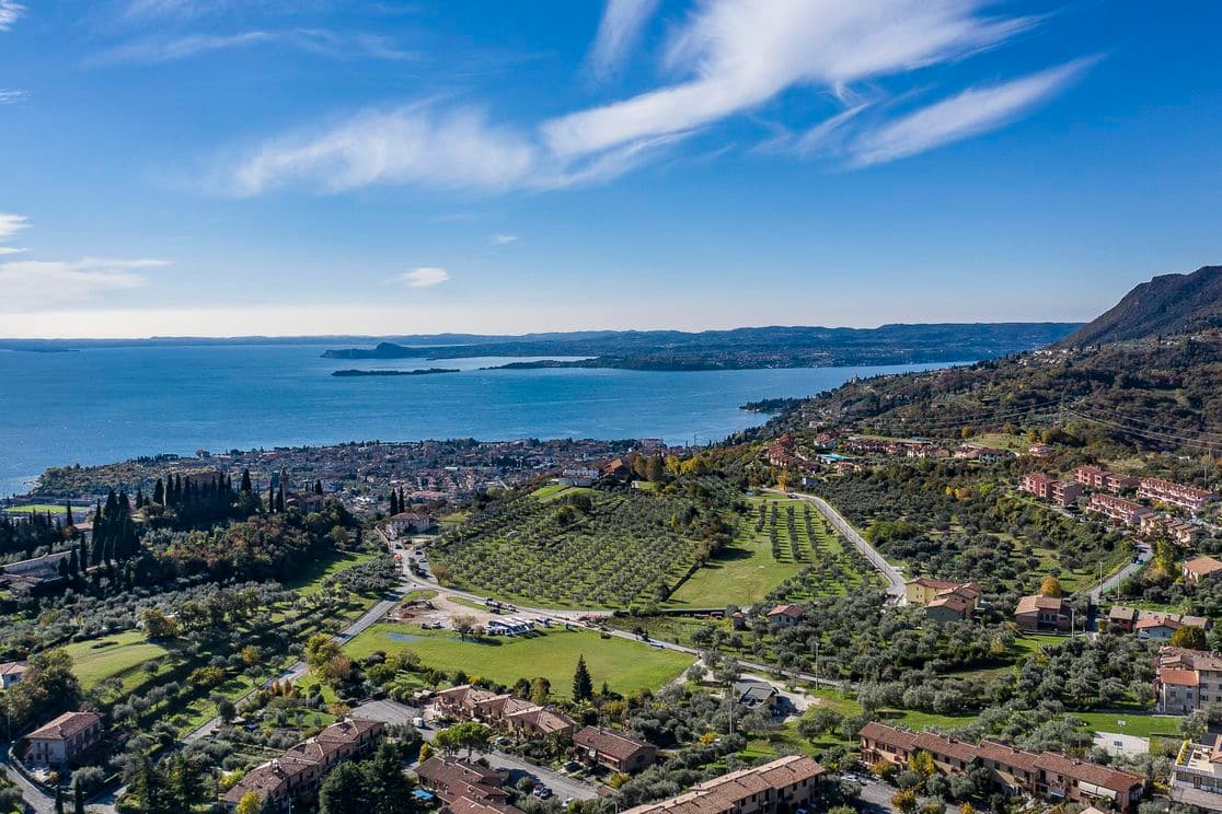 Aerial view of a coastal town with green fields, trees, and houses, adjacent to a vast blue lake under a clear sky with wispy clouds.