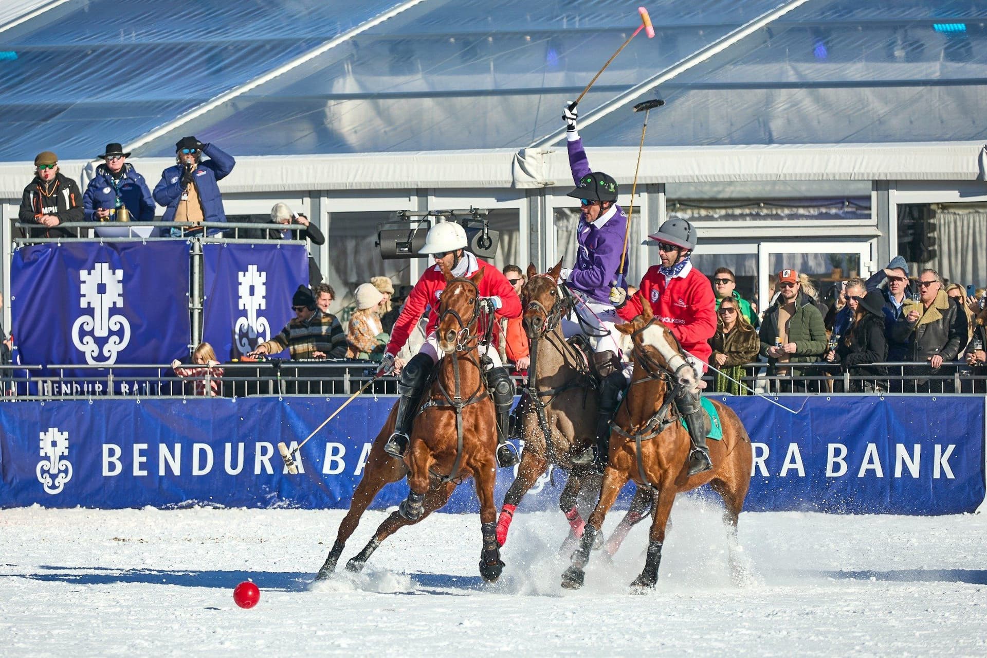 Polo-Spieler in roten und lila Trikots kämpfen um den Ball auf Schnee.