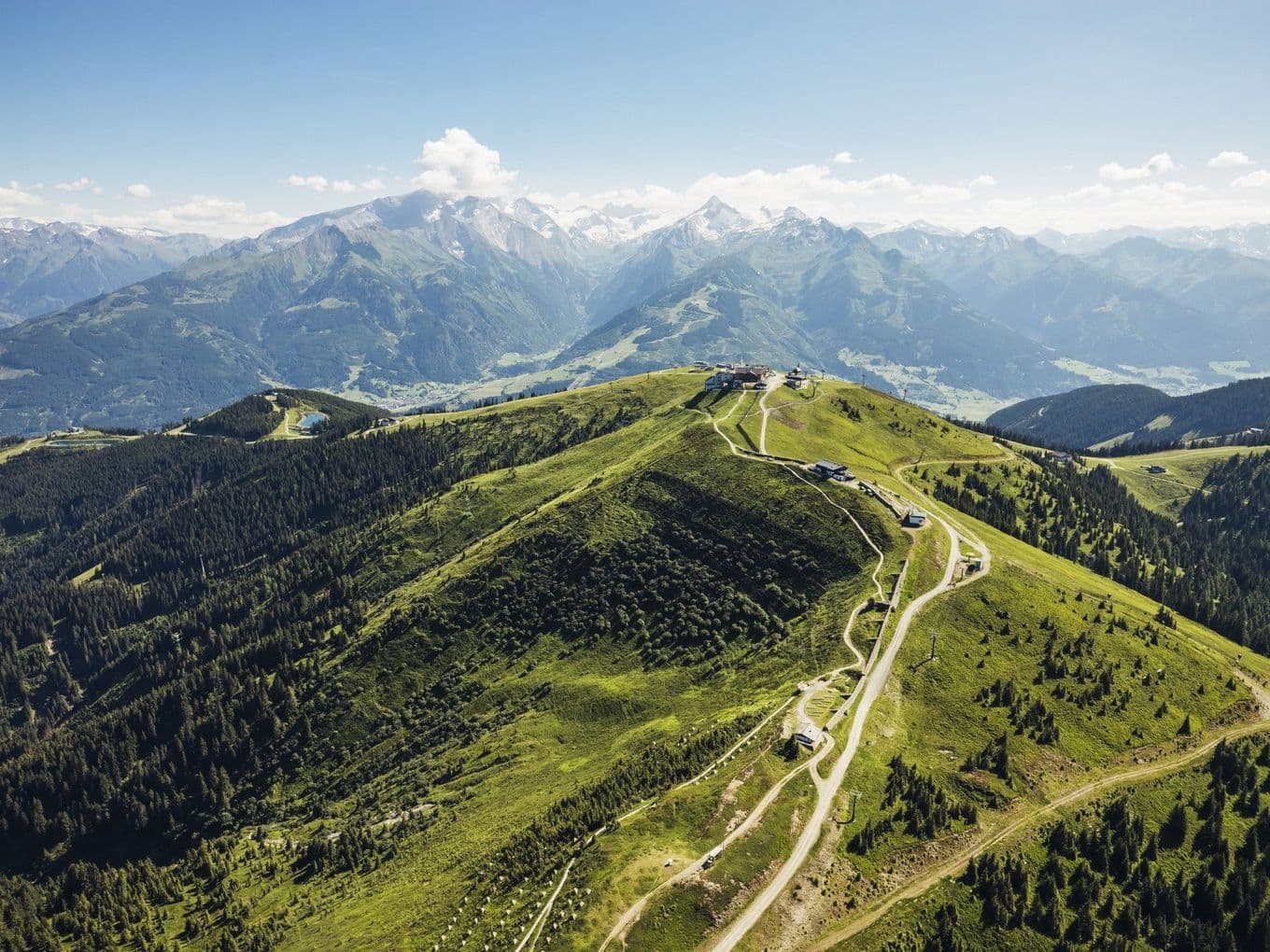 Aerial view of the Schmittenhöhe with panoramic views of the Alps.