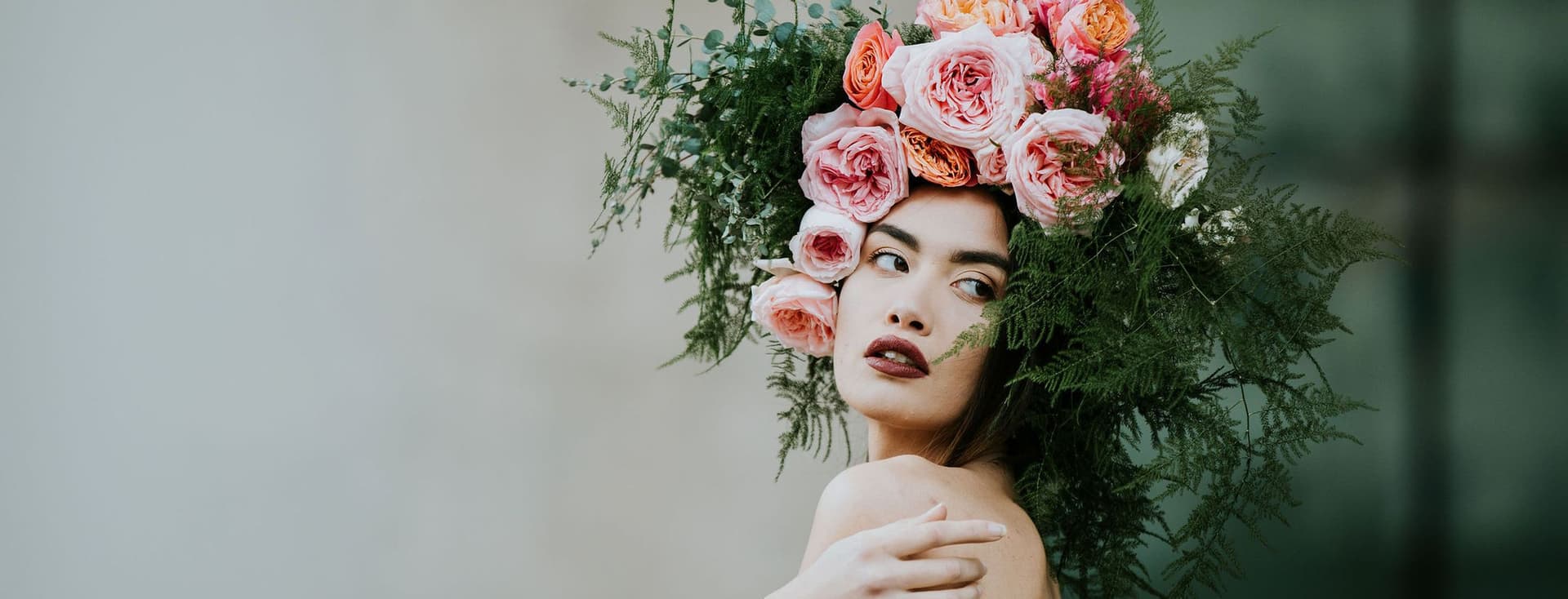 Model wearing a floral crown made by Julia Rose.