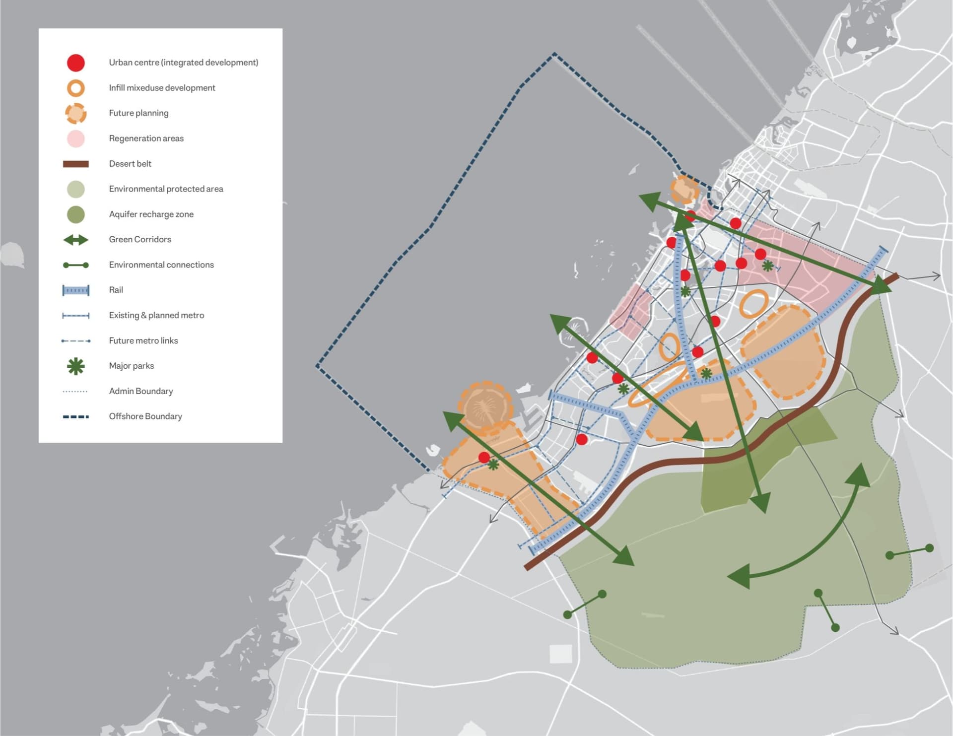 Map illustrating urban development, green corridors, and environmental zones with icons and arrows indicating various planning areas and boundaries.