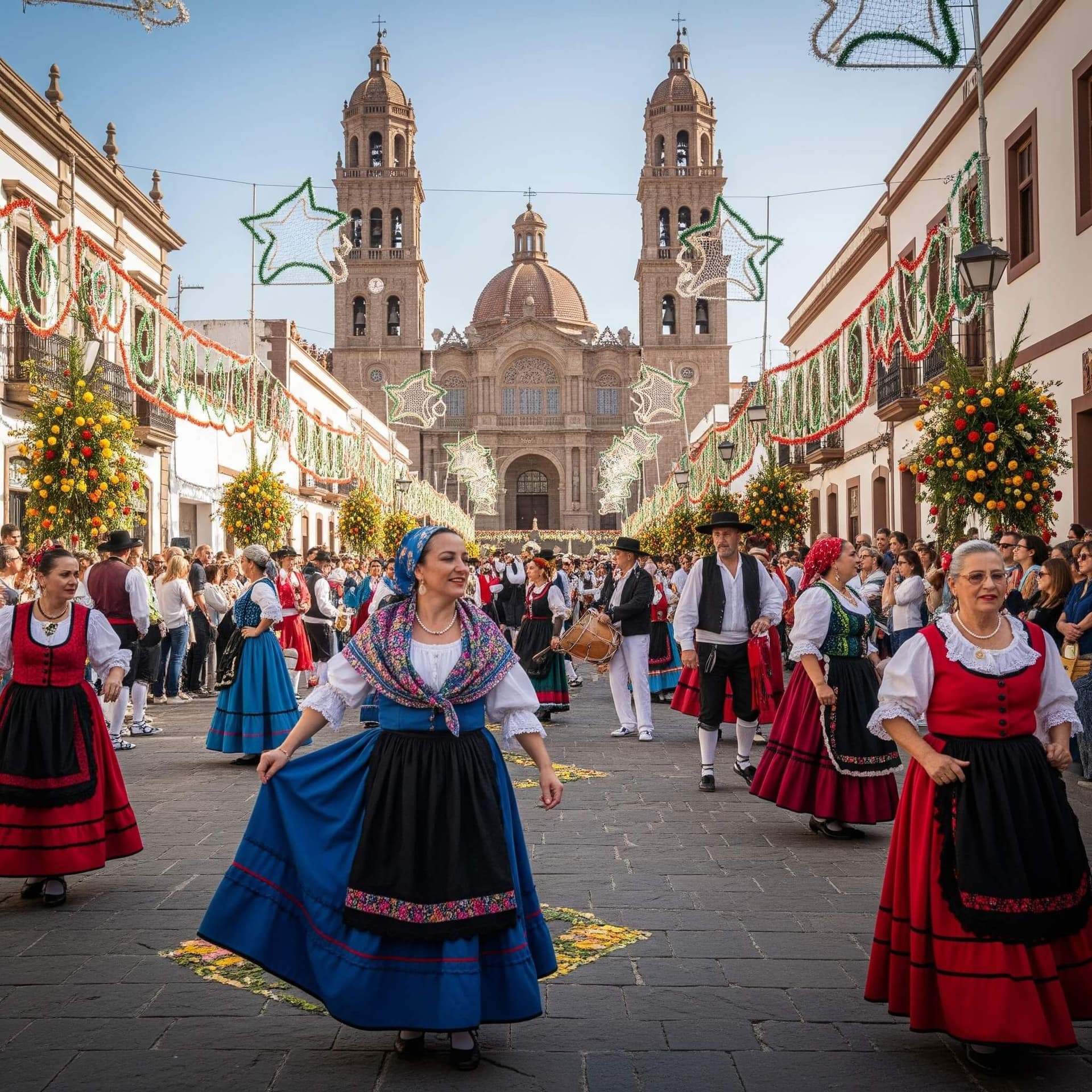 Dones que van amb el vestit tradicional canari, a les festes del Pino de Teror
