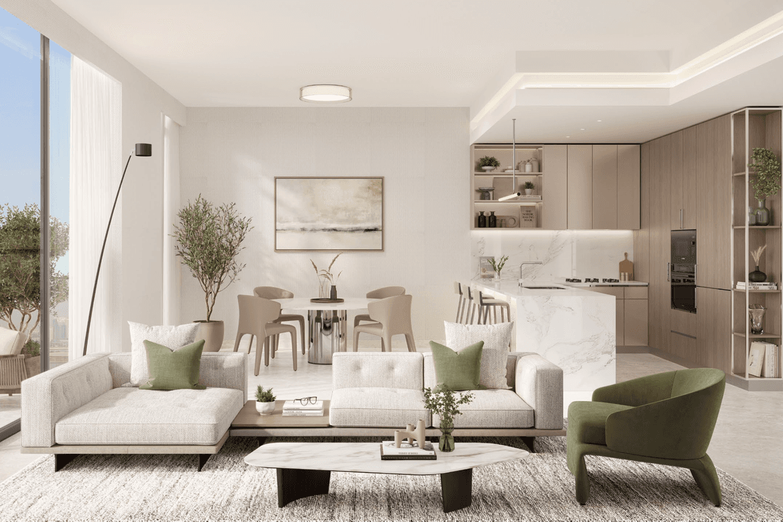 Living space at Riverton House with large windows and defined seating and dining areas.