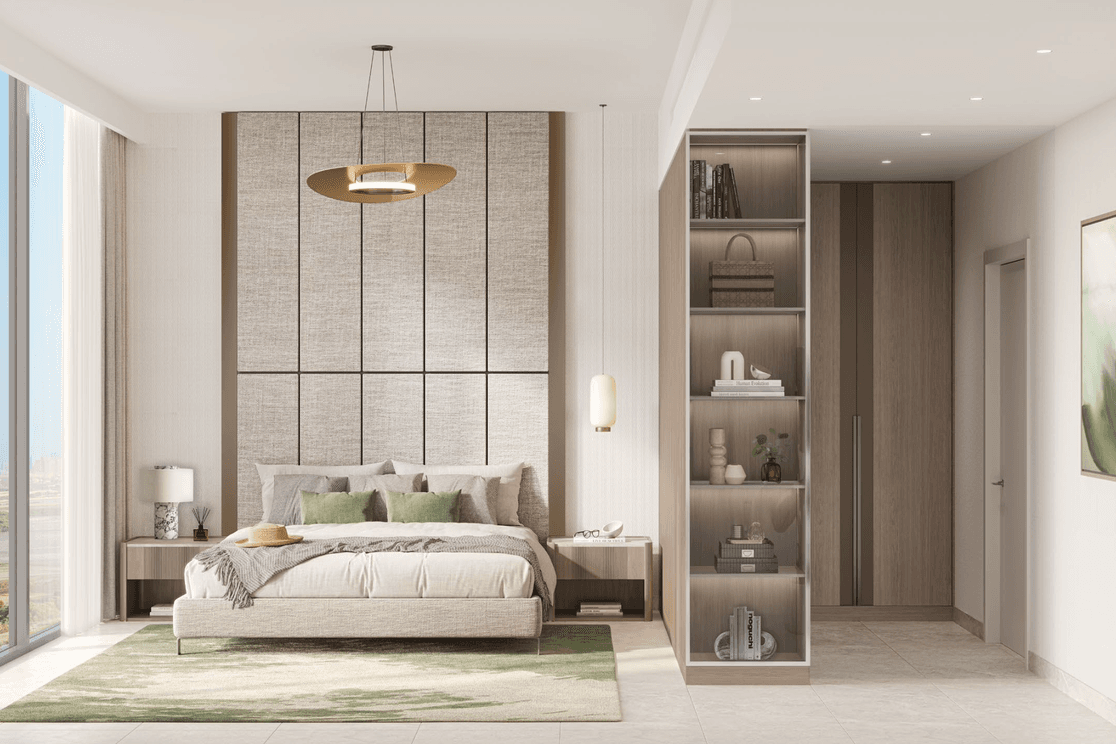 Riverton House bedroom featuring large windows, soft interior tones, and integrated storage.