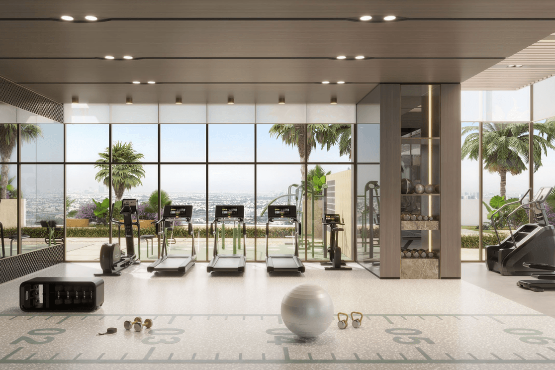 Riverton house fitness studio with indoor training equipment and large windows.