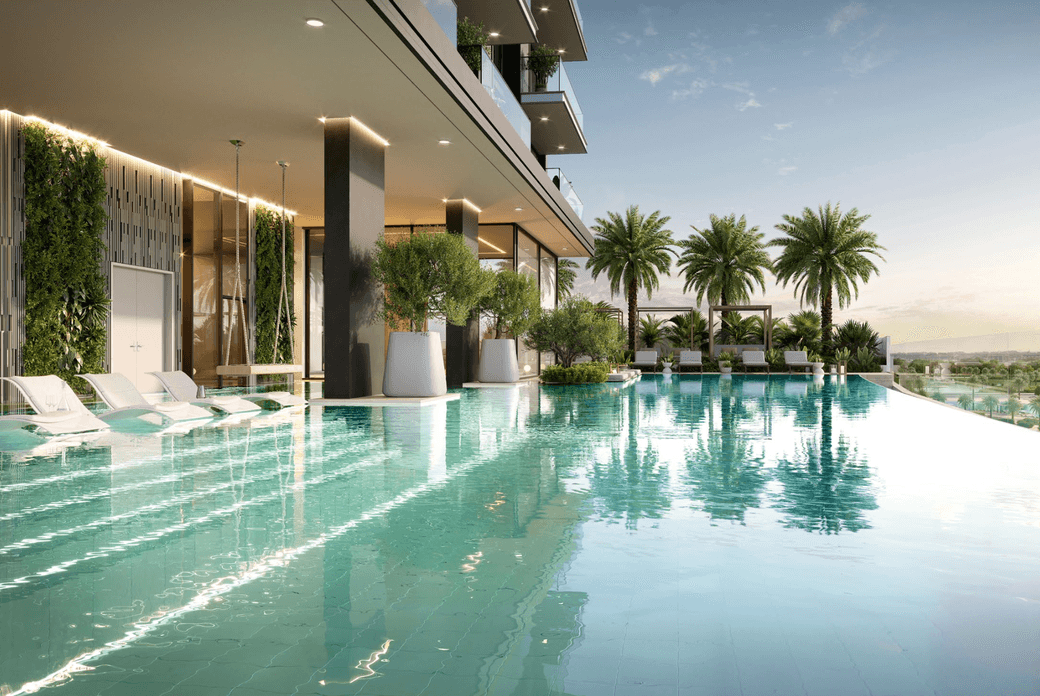 Infinity pool at Riverton House facing the community lagoon.