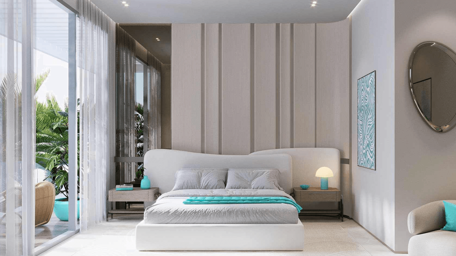 Modern bedroom with a large bed, light wood paneling, teal accents, and a glass wall opening to a patio with lush greenery.