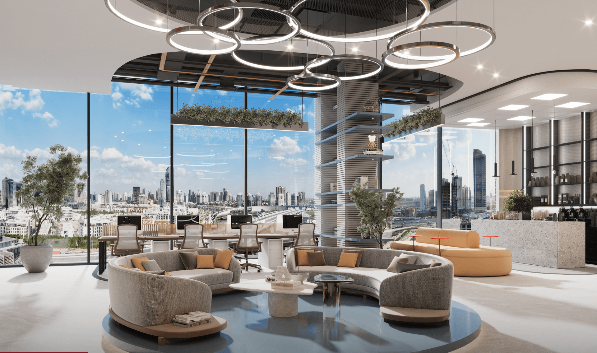 Voxa Lounge interior featuring curved seating areas, floor to ceiling windows with city skyline views, circular pendant lighting, and a counter area with contemporary finishes.