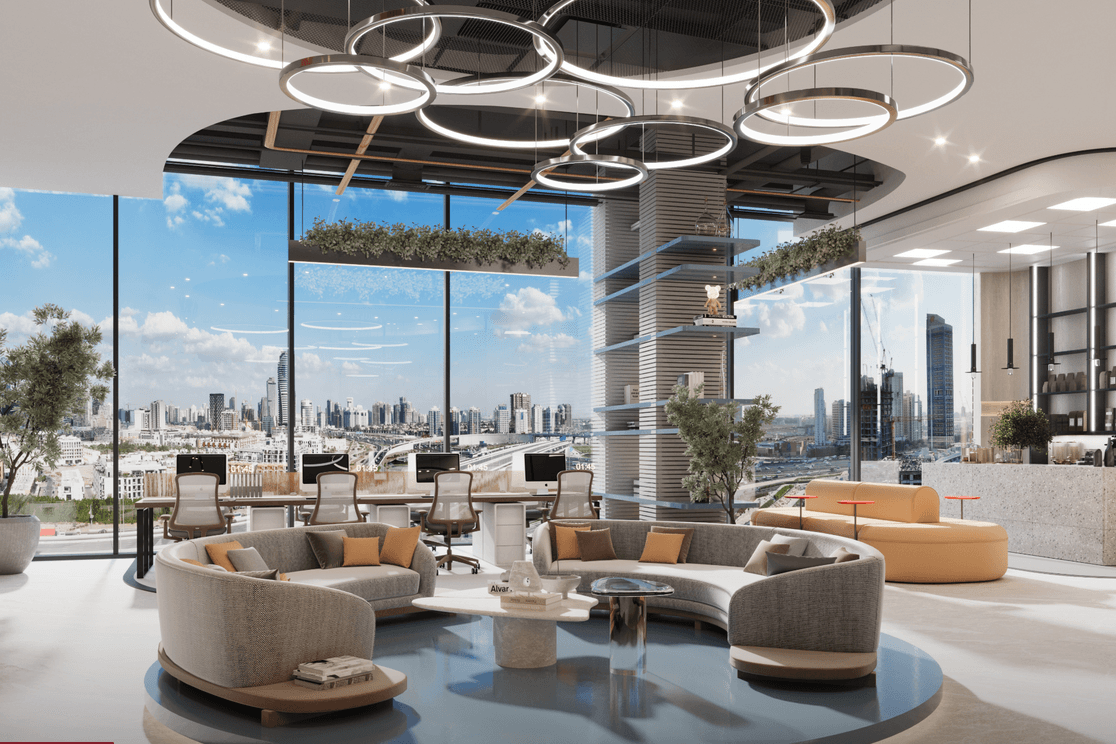 Voxa Lounge interior featuring curved seating areas, floor to ceiling windows with city skyline views, circular pendant lighting, and a counter area with contemporary finishes.