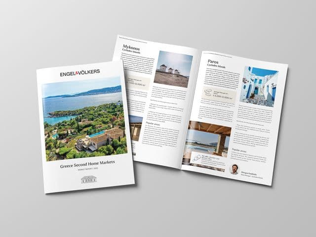 A real estate magazine titled Greece Second Home Markets is shown, with the cover featuring a coastal property. The magazine is open to pages with text, property photos, and real estate information about Greece.