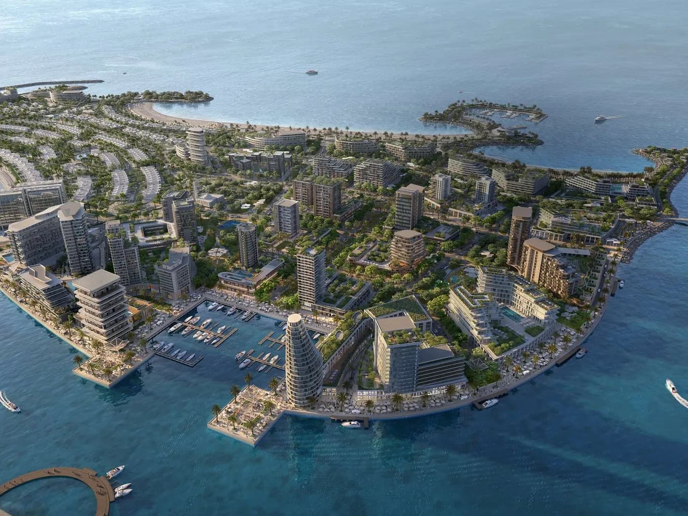 Aerial view of a futuristic coastal city with high-rise towers, palm trees, a marina, and curved waterfronts on a seaside peninsula. KI-generiertes Bild