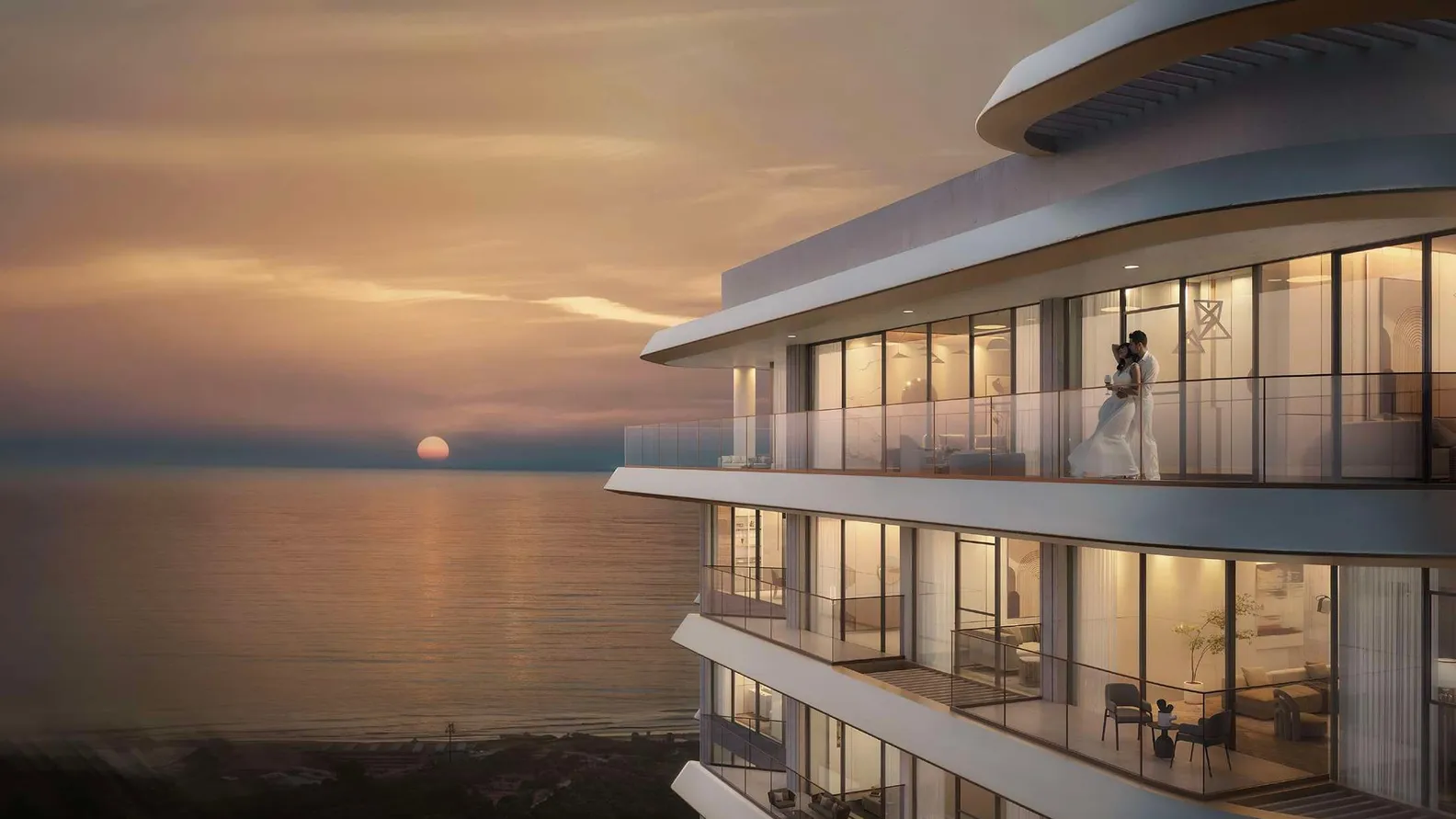 Sunset over the ocean beside a futuristic curved glass building; a bride and groom stand on an illuminated balcony. KI-generiertes Bild