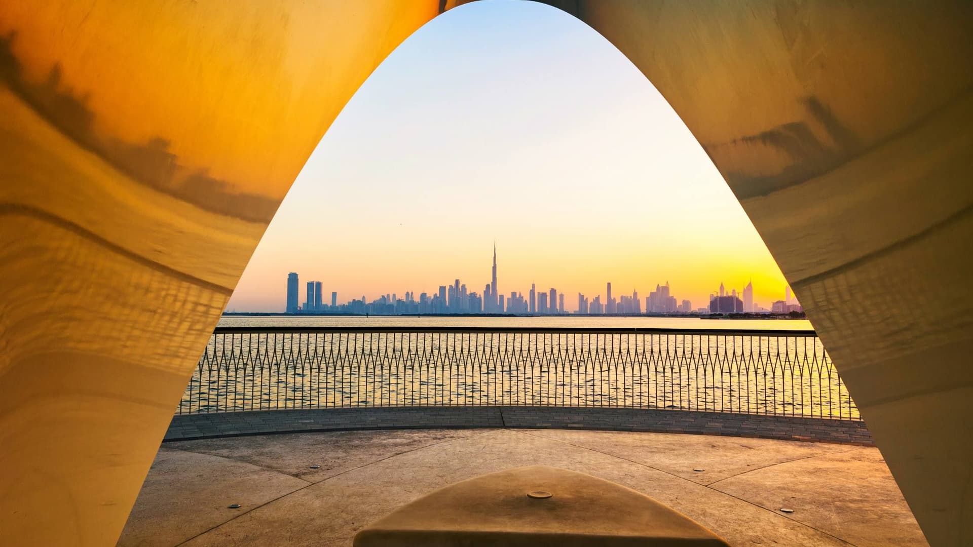 Archway at Dubai Creek Harbour framing downtown skyline