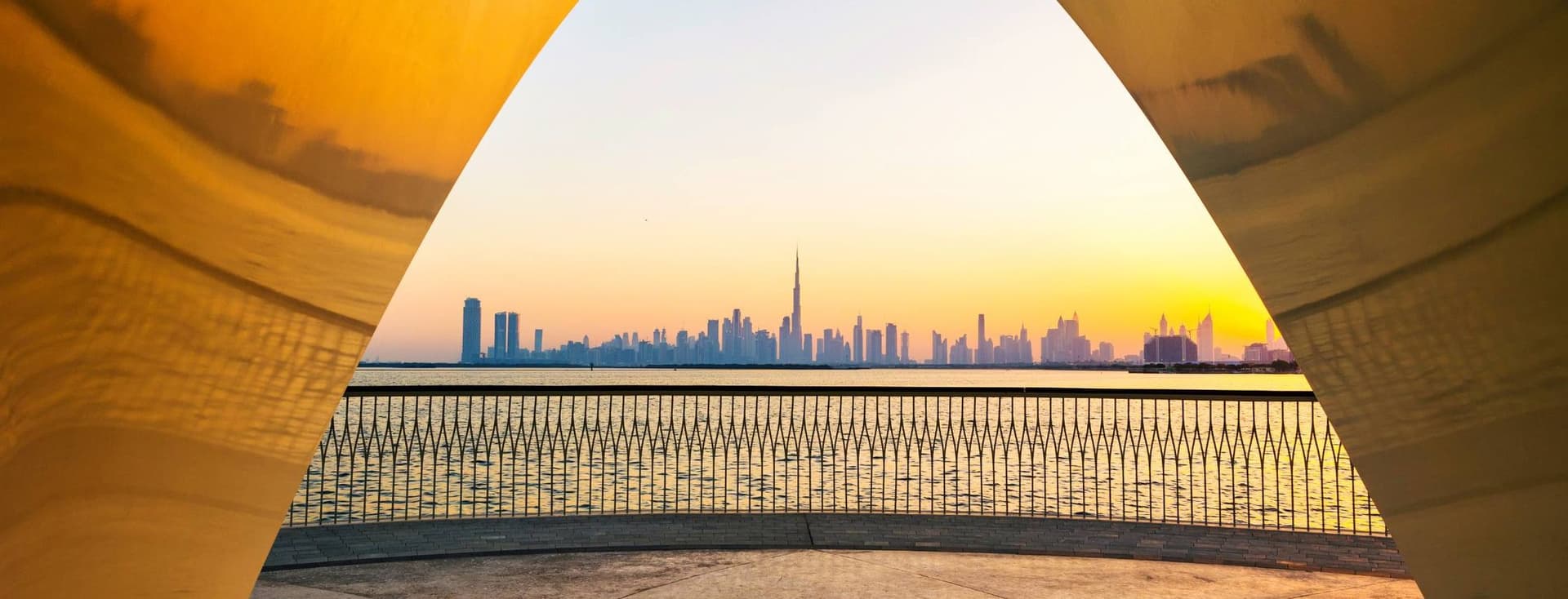Archway at Dubai Creek Harbour framing downtown skyline