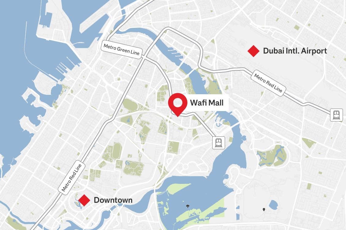 Map showing Wafi Mall's proximity to Downtown and Dubai International Airport