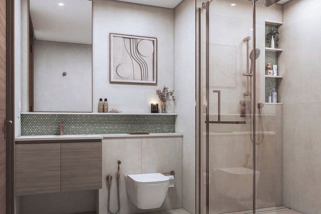 Modern bathroom with glass shower, wall-mounted toilet, large mirror, and minimalist decor. Neutral tones and sleek fixtures.
