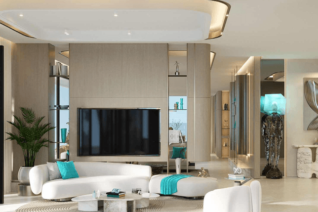 Modern living room with a large TV, white sofas, turquoise accents, abstract art, and large windows. Light wood and marble elements throughout.