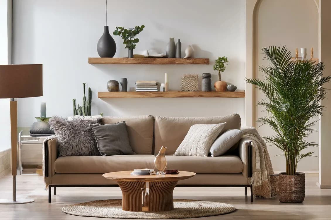 Gemütliches, modernes Wohnzimmer mit beigem Sofa, Kissen, einem runden Couchtisch aus Holz auf einem geflochtenen Teppich, Wandregalen mit Dekoration und einer hohen Topfpflanze. KI-generiertes Bild