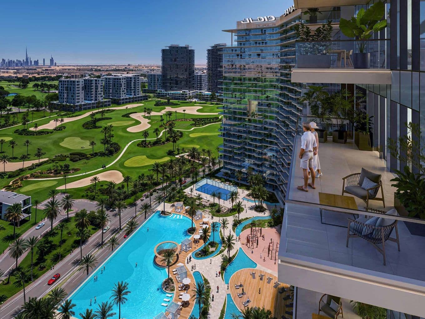 Man on a balcony overlooking golf course, pool, and city skyline with tall buildings under a clear blue sky.