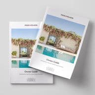 Two copies of the Engel & Völkers 'Owner Guide: Successful Sales & Marketing Strategy' brochure placed on a light grey surface. The cover features a luxurious poolside view with a stone wall, open doorway, flowering vines, and stylish outdoor furniture.
