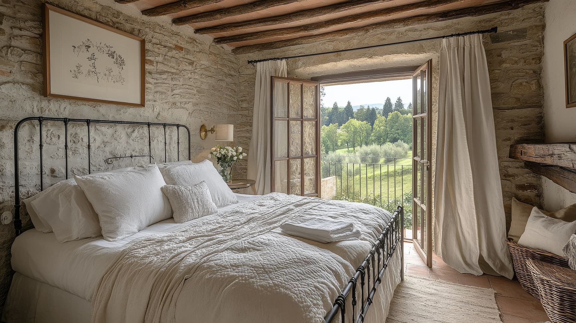 A serene bedroom with exposed stone walls and wooden ceiling beams. A wrought-iron bed with crisp white linens is centered in the room, with French doors open to a balcony overlooking a lush green countryside landscape. Soft white curtains frame the doorway, and minimal decor includes a framed botanical print on the wall, a small bouquet of fresh flowers on the nightstand, and folded towels on the bed. The natural materials and neutral color palette create a peaceful, rustic retreat.