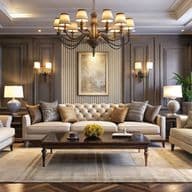 Ein formelles Wohnzimmer mit grauen Paneel-Wänden, einem cremefarbenen Sofa und Sesseln mit Knopfheftung, einem kunstvollen Kronleuchter, Wandleuchten, dekorativen Kissen, einem Couchtisch aus Holz, einem Teppich und hohen Fenstern mit Vorhängen in einer klassisch-luxuriösen Ästhetik.