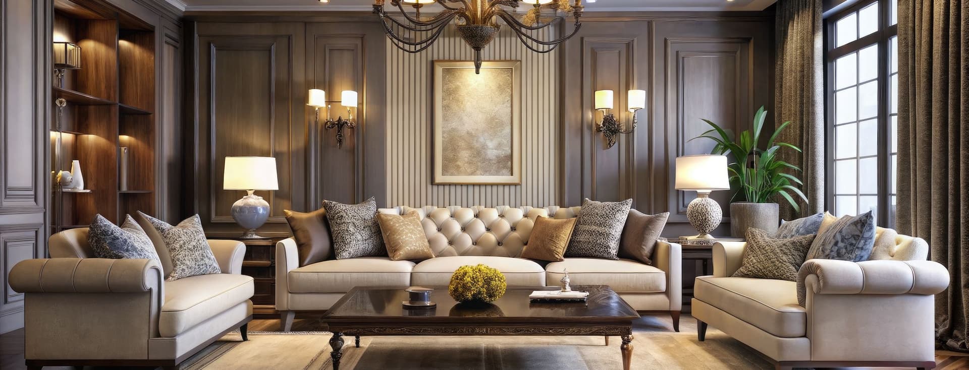 Ein formelles Wohnzimmer mit grauen Paneel-Wänden, einem cremefarbenen Sofa und Sesseln mit Knopfheftung, einem kunstvollen Kronleuchter, Wandleuchten, dekorativen Kissen, einem Couchtisch aus Holz, einem Teppich und hohen Fenstern mit Vorhängen in einer klassisch-luxuriösen Ästhetik.