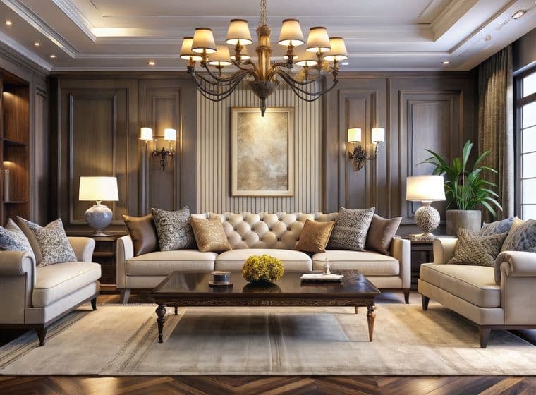 Ein formelles Wohnzimmer mit grauen Paneel-Wänden, einem cremefarbenen Sofa und Sesseln mit Knopfheftung, einem kunstvollen Kronleuchter, Wandleuchten, dekorativen Kissen, einem Couchtisch aus Holz, einem Teppich und hohen Fenstern mit Vorhängen in einer klassisch-luxuriösen Ästhetik.