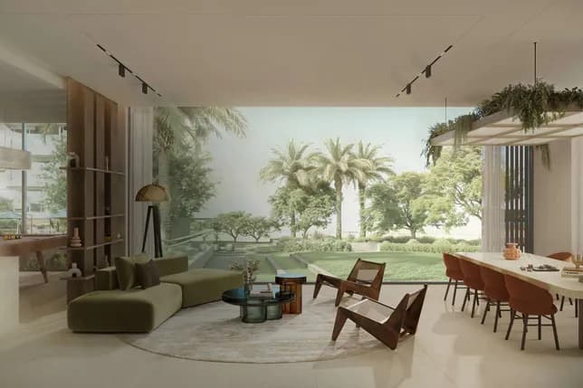Bright modern living room with floor-to-ceiling glass walls overlooking a palm-filled garden; green sofa, wooden chairs, and a dining table. KI-generiertes Bild
