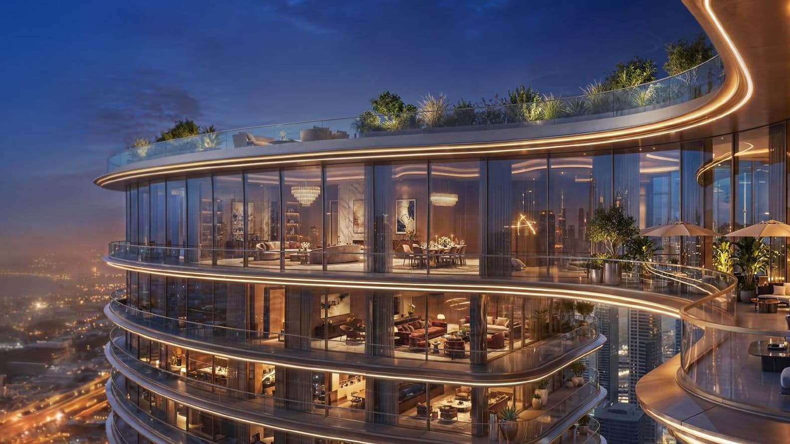 Luxurious, modern high-rise with expansive terraces, glowing lights, and cityscape view at night; elegantly furnished with lounge areas and plants.