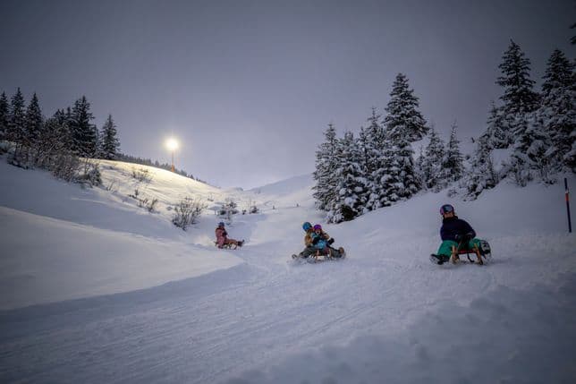 Children sledding down a snowy hill at dusk, surrounded by snow-covered trees, with a glowing light illuminating the scene.