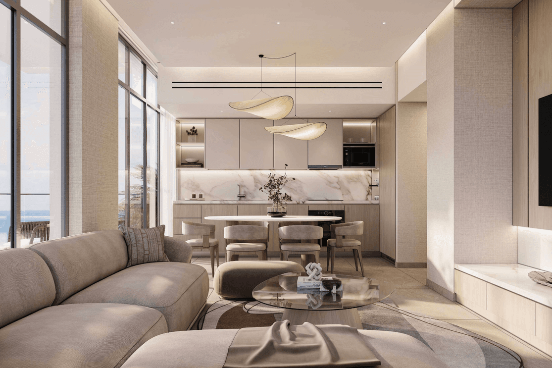 Contemporary living room at Playa Viva featuring neutral interiors, open plan furnishings, and floor to ceiling windows with views toward the Al Marjan Island waterfront.