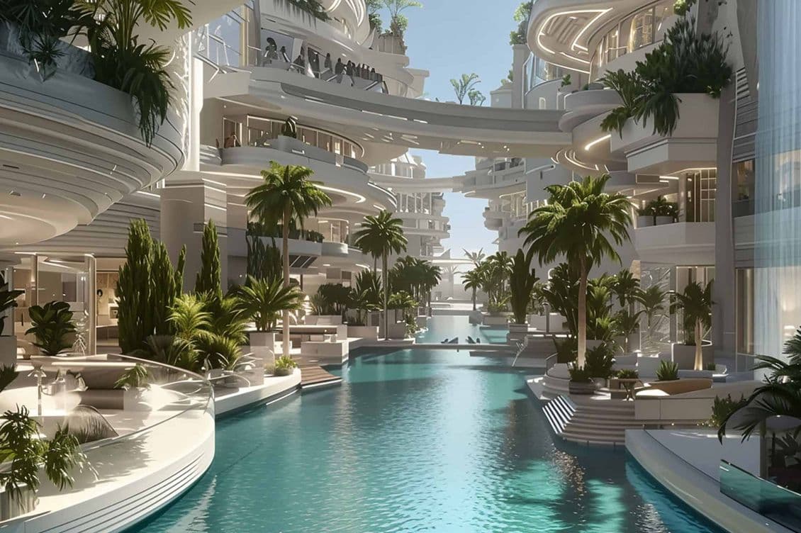 Futuristic resort with curved balconies, lush palm trees, and a central turquoise pool under a clear blue sky.