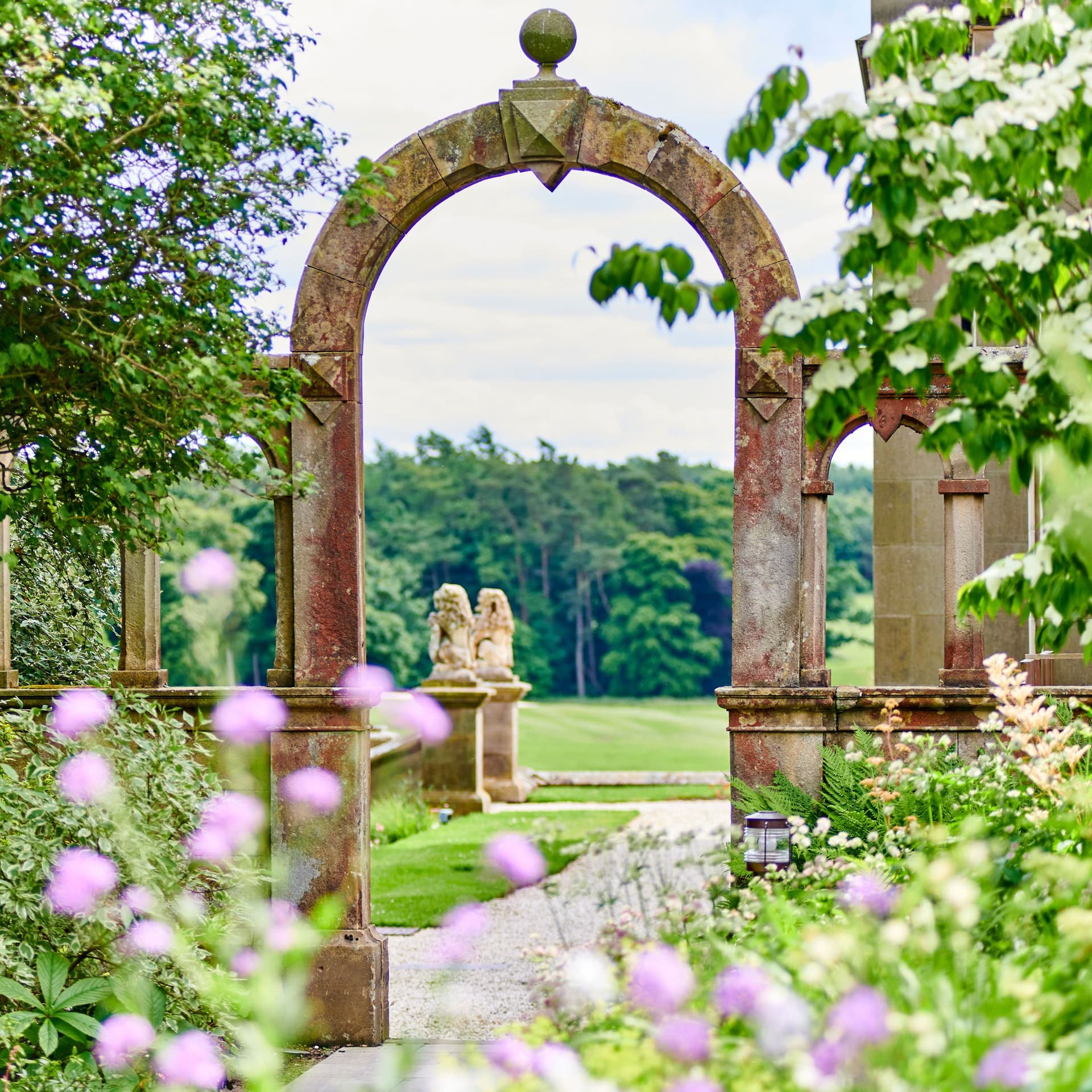 The beautiful gardens in Matfen Hall.