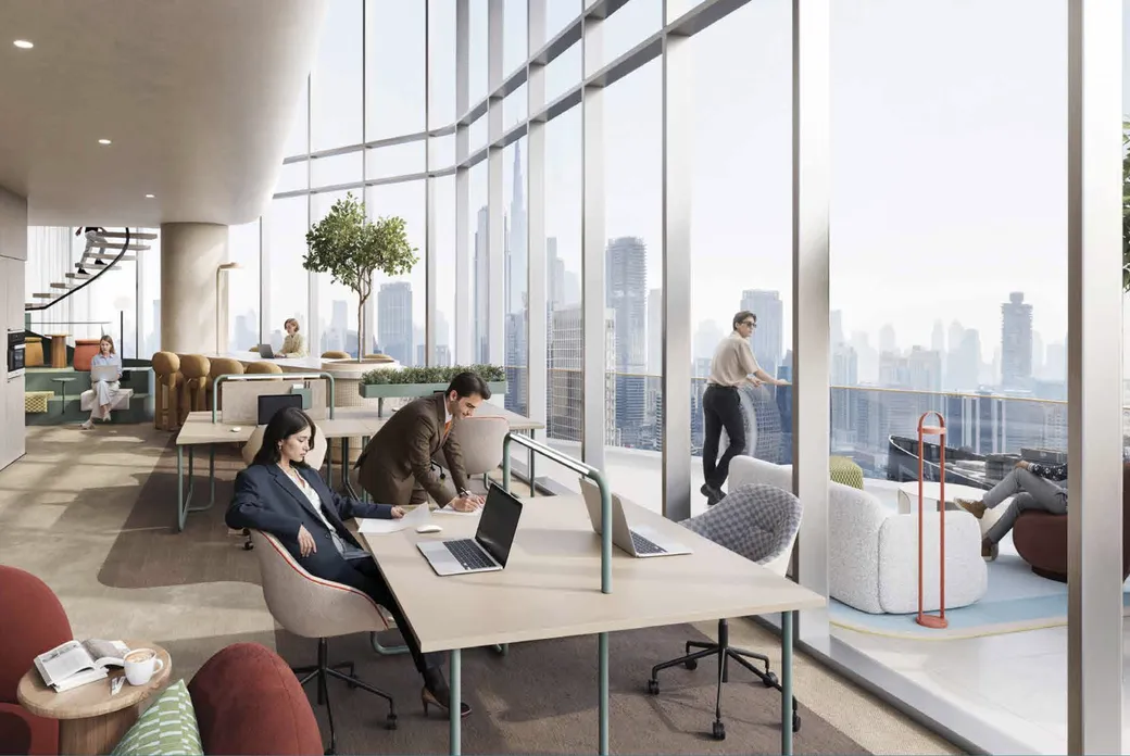 Sunlit modern office with floor-to-ceiling windows and a city skyline; workers at desks, lounge seating, and a curved staircase.