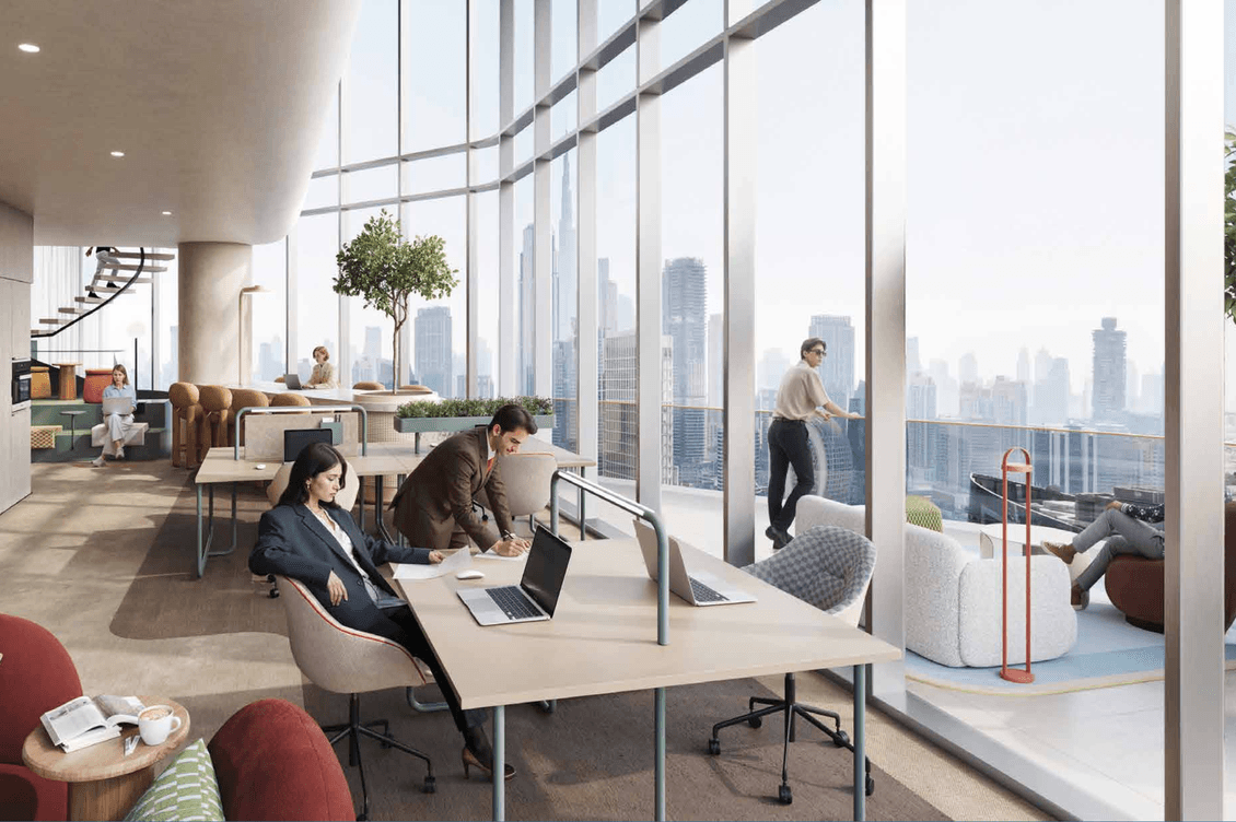 Sunlit modern office with floor-to-ceiling windows and a city skyline; workers at desks, lounge seating, and a curved staircase.