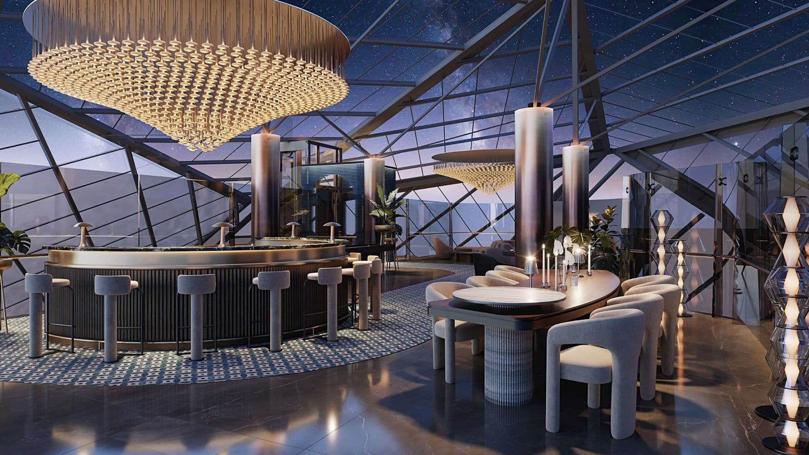 Luxurious modern lounge with a large chandelier, sleek bar counter, stylish seating, and a starry night sky visible through glass walls.