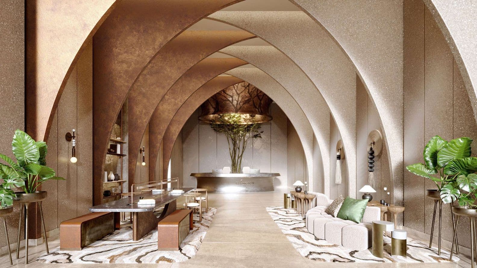 Luxurious lobby with arched ceilings, elegant seating, marble tables, and lush plants, centered around a tree-lit reception desk.