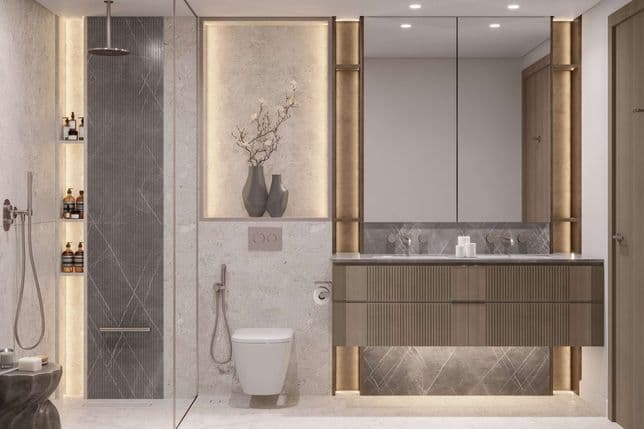 Modern bathroom with a sleek shower, floating vanity, and backlit mirrors. Neutral tones, decorative vases, and contemporary fixtures.